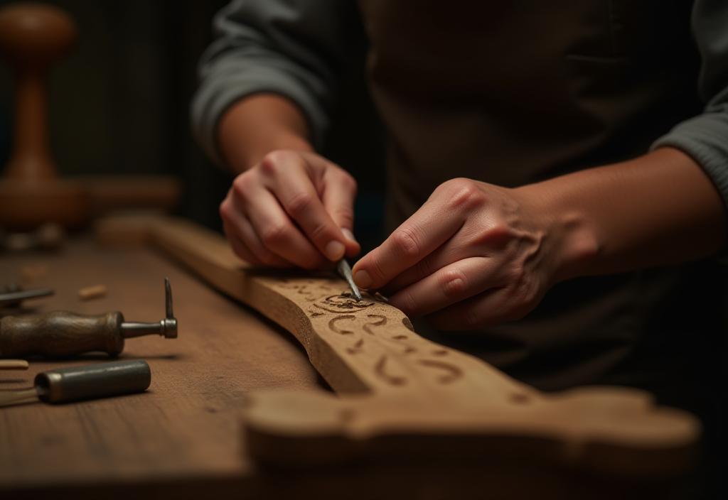 Skilled artisan's hands meticulously carving intricate details into a wooden furniture piece, surrounded by traditional tools.