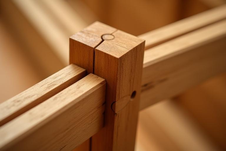 Close-up of a sturdy wooden joint in handcrafted furniture, emphasizing robust construction.