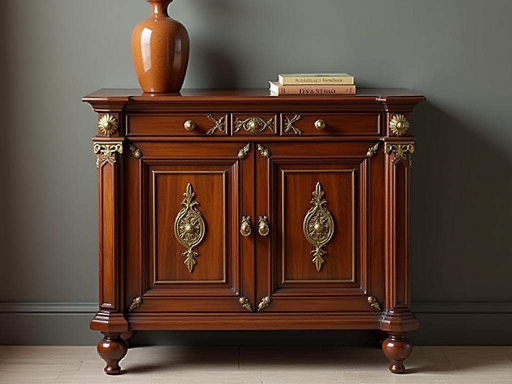 Ornate, handcrafted wooden accent cabinet with brass detailing, suitable for a living room or hallway.