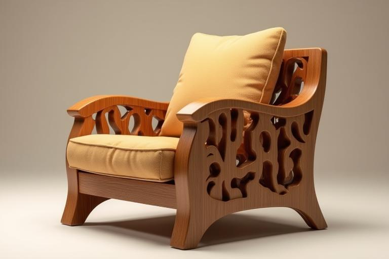 Single handcrafted wooden armchair with unique carving details and a comfortable cushion.