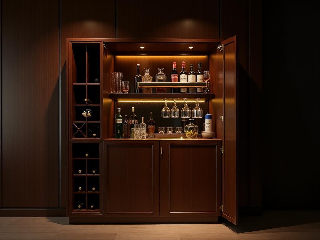 Handcrafted wooden bar cabinet with integrated wine rack and glass holders, featuring polished brass accents.