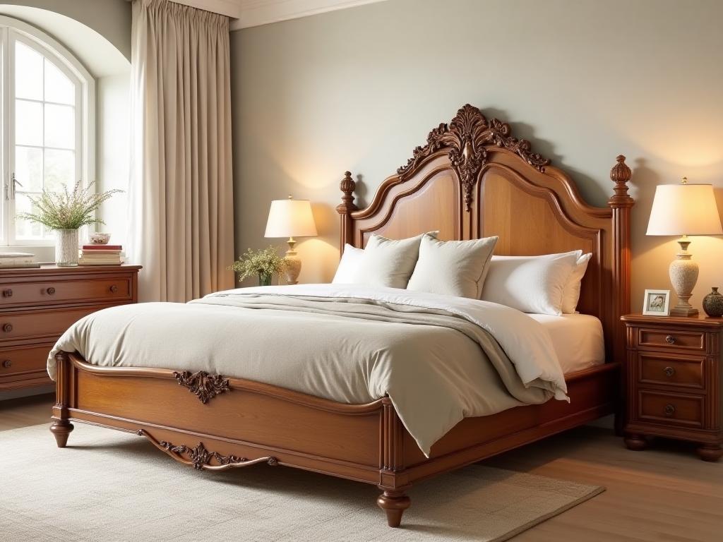 Luxurious handcrafted wooden bed frame with intricate headboard details, complemented by a matching dresser.