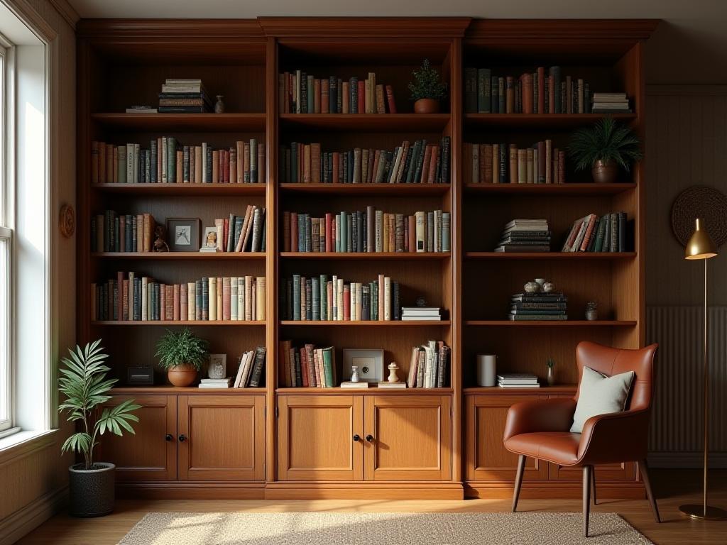 Tall handcrafted wooden bookcase with multiple shelves filled with books and decorative items.
