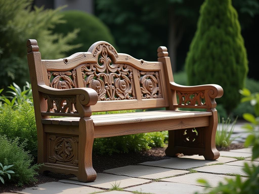 Traditional handcrafted wooden bench with intricate carvings, set in a peaceful garden.