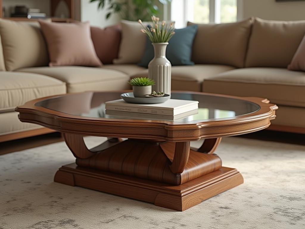 Handcrafted wooden coffee table with a glass top and ornate base, styled in a contemporary living room.