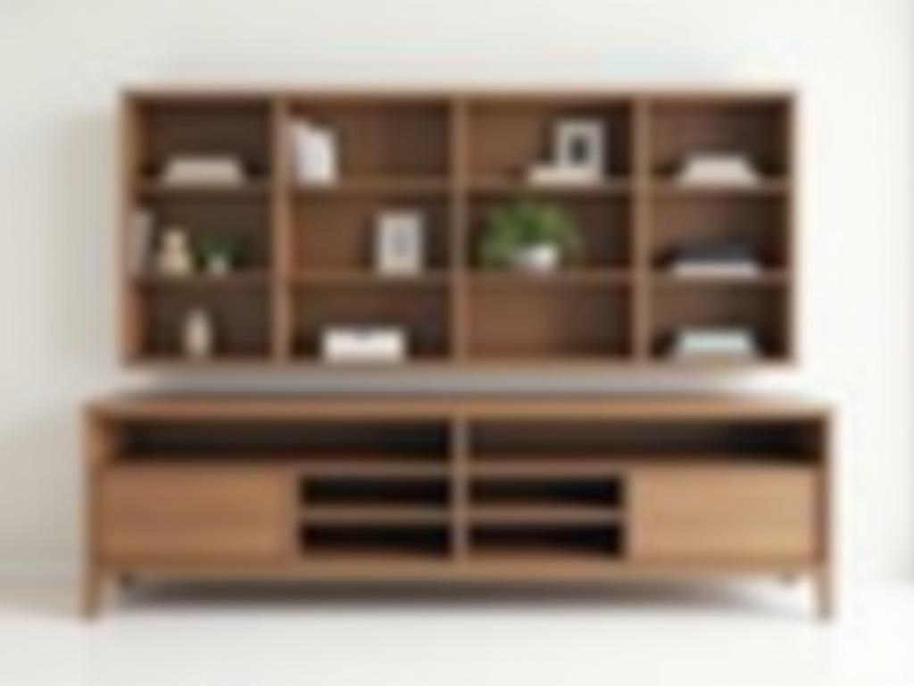 Sleek handcrafted wooden media console unit with open shelving and closed compartments.
