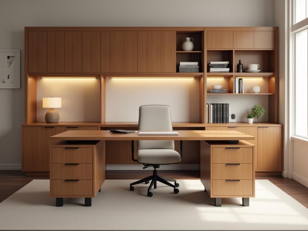 Elegant handcrafted wooden desk with integrated storage and a comfortable office chair.