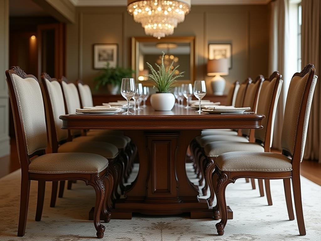Large, handcrafted wooden dining table with ornate legs, surrounded by matching chairs in a formal dining setting.