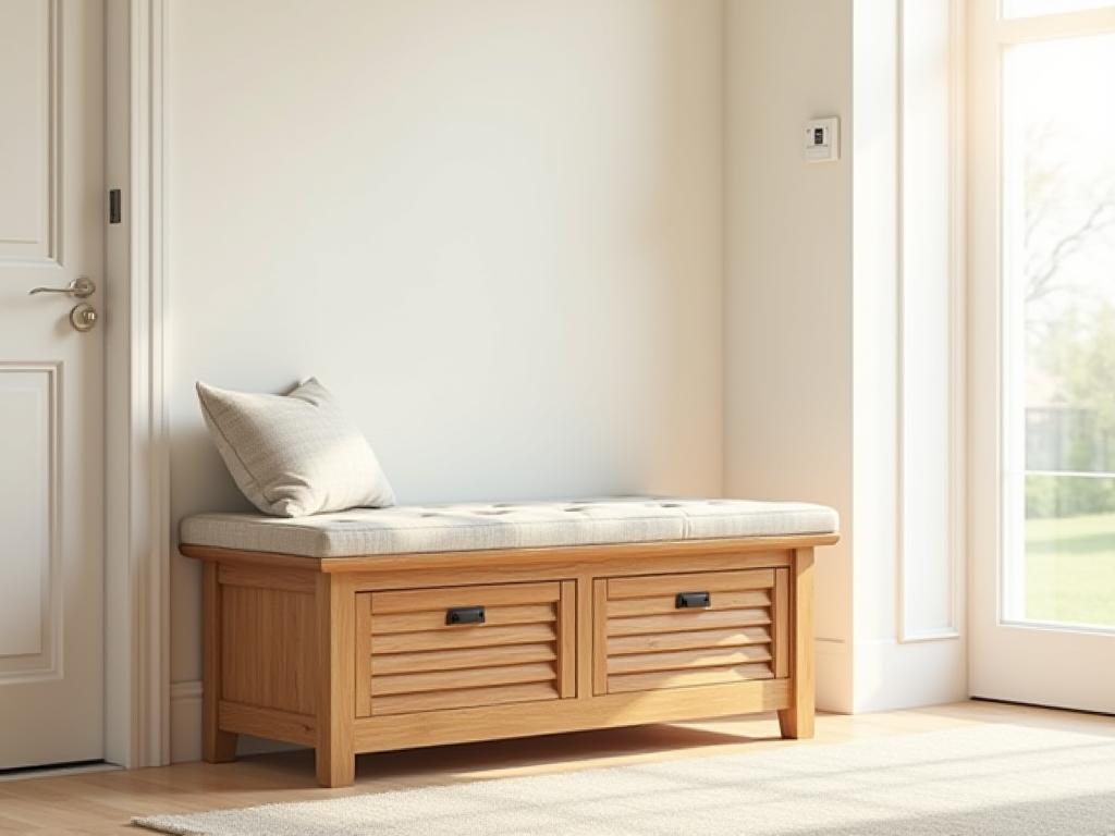 Handcrafted wooden entryway bench with an upholstered seat and storage compartments below.