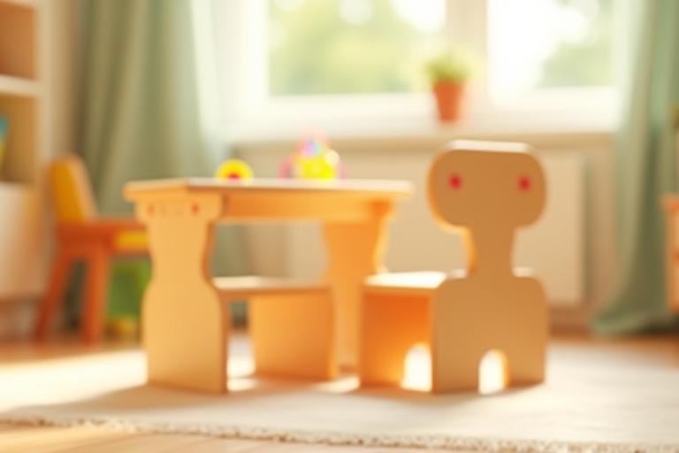 Small handcrafted wooden desk and chair set designed for children, in a brightly lit room.