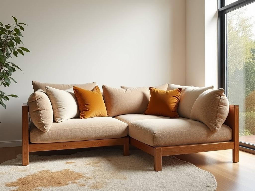 Plush, handcrafted wooden sofa with custom upholstery, positioned in a spacious living room with natural light.