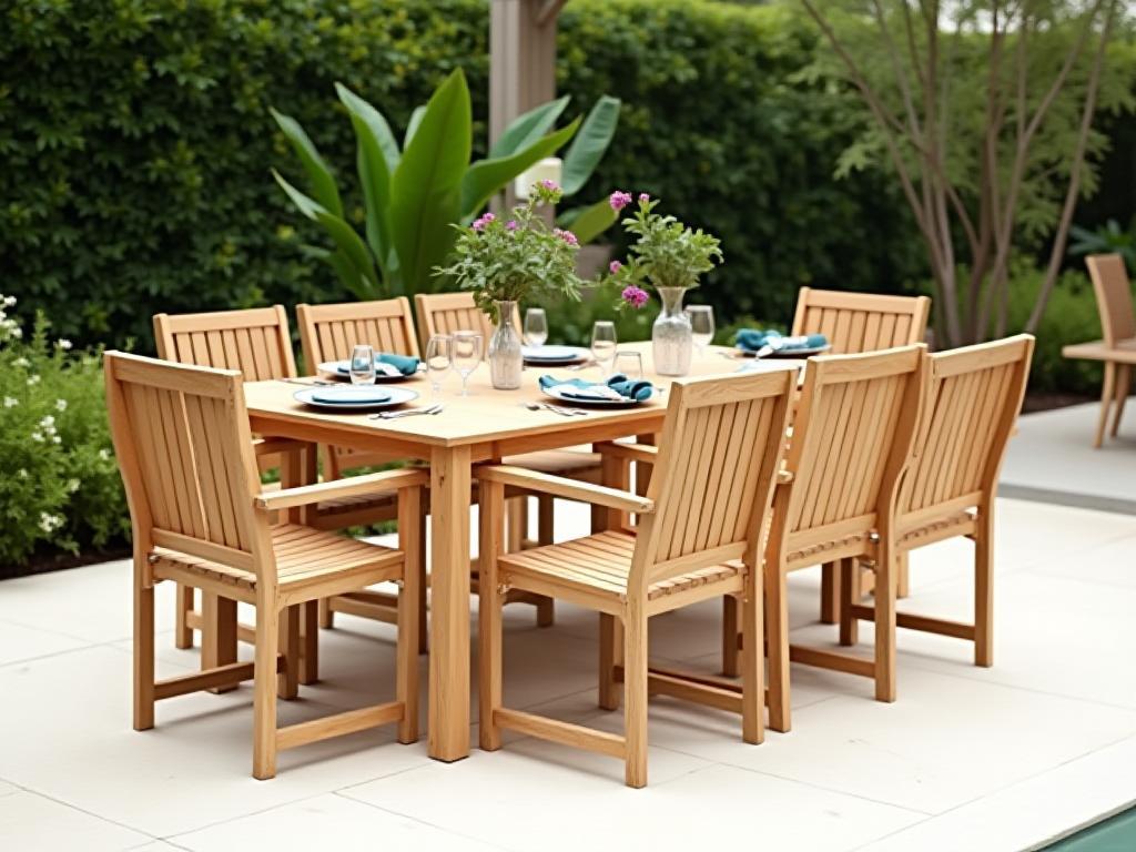 Handcrafted wooden outdoor dining table and chairs set on a patio, with lush greenery in the background.