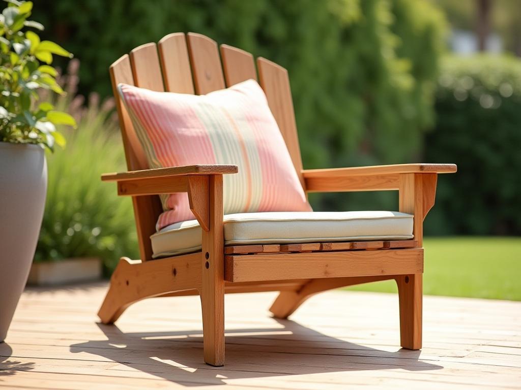 Sturdy handcrafted wooden patio chair with weather-resistant cushions, set on a sunny outdoor deck.