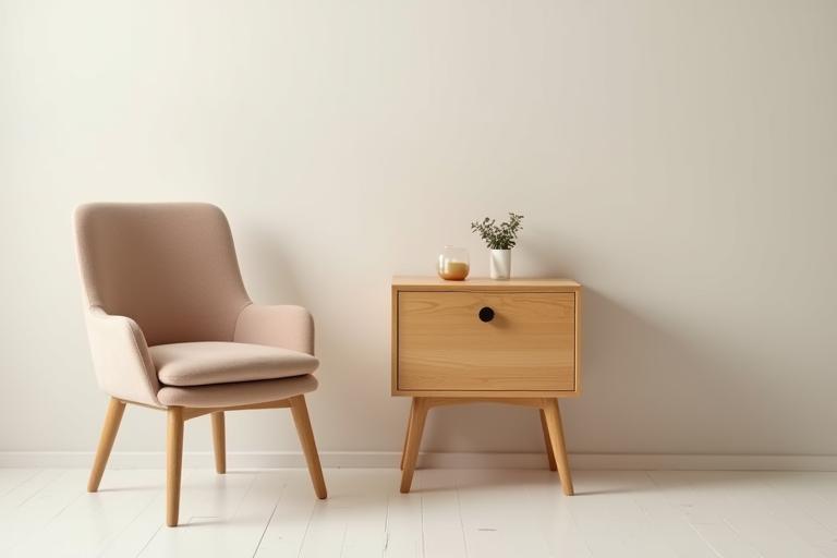 Small handcrafted wooden side table with a single drawer and delicate legs, beside an armchair.