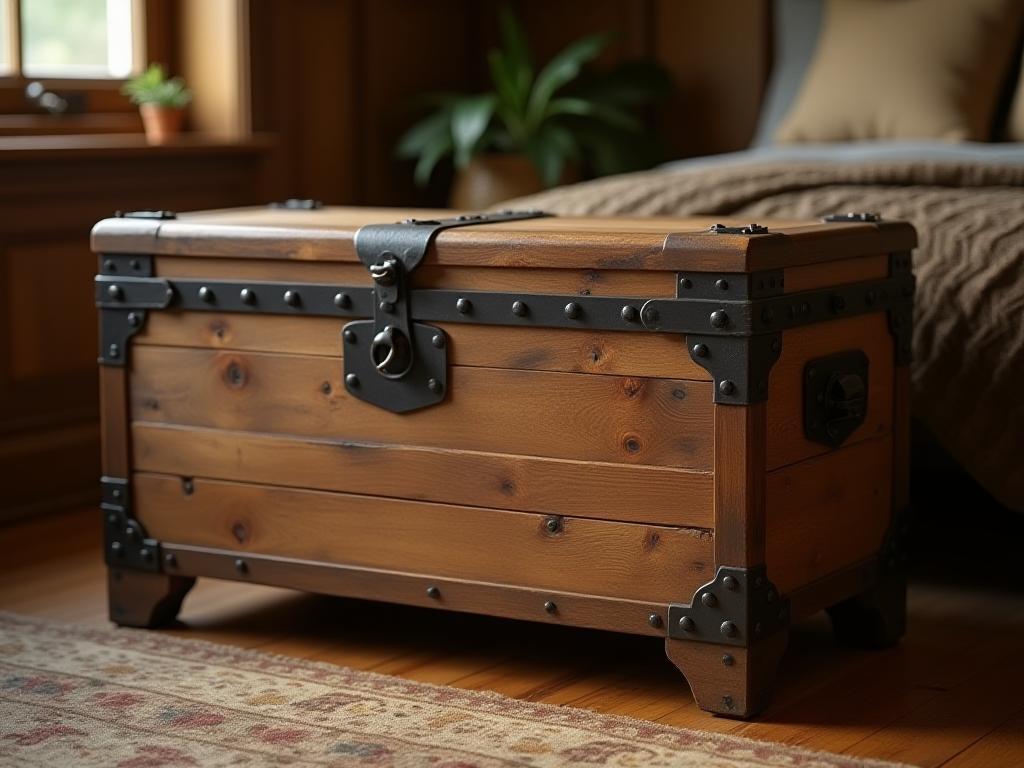 Rustic handcrafted wooden storage chest with metal accents, suitable for blankets or keepsakes.