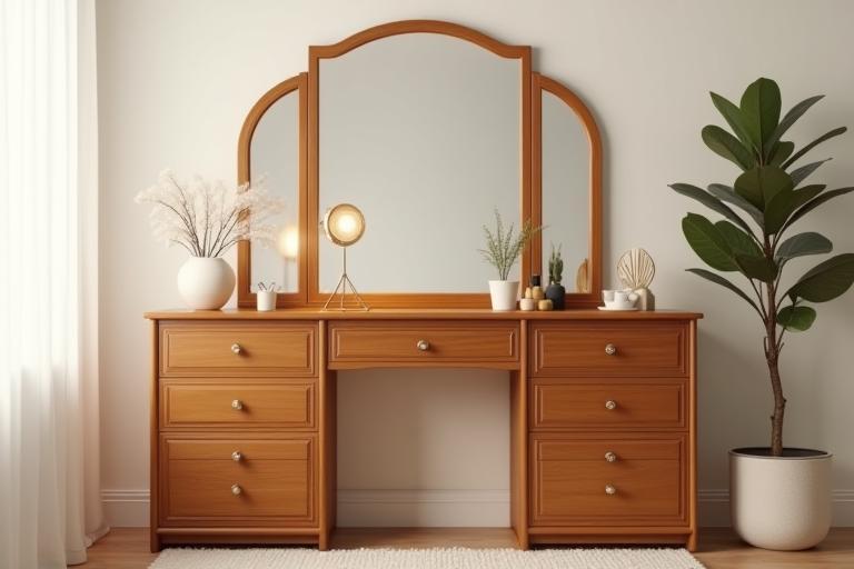 Handcrafted wooden vanity dresser with a large mirror and several drawers, styled in a bedroom.