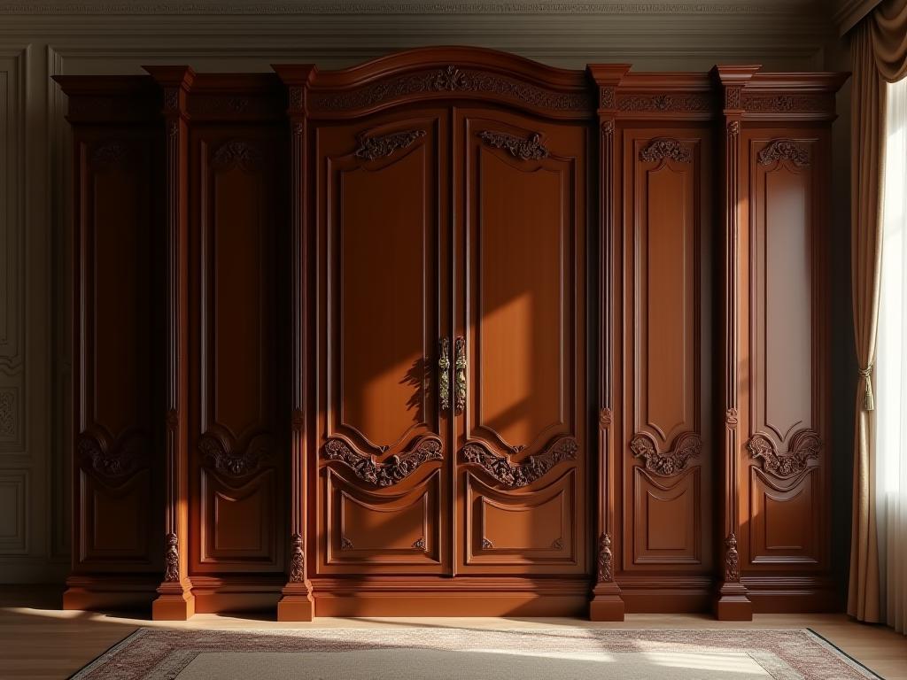 Large handcrafted wooden wardrobe with intricate carvings and brass handles, suitable for a master bedroom.